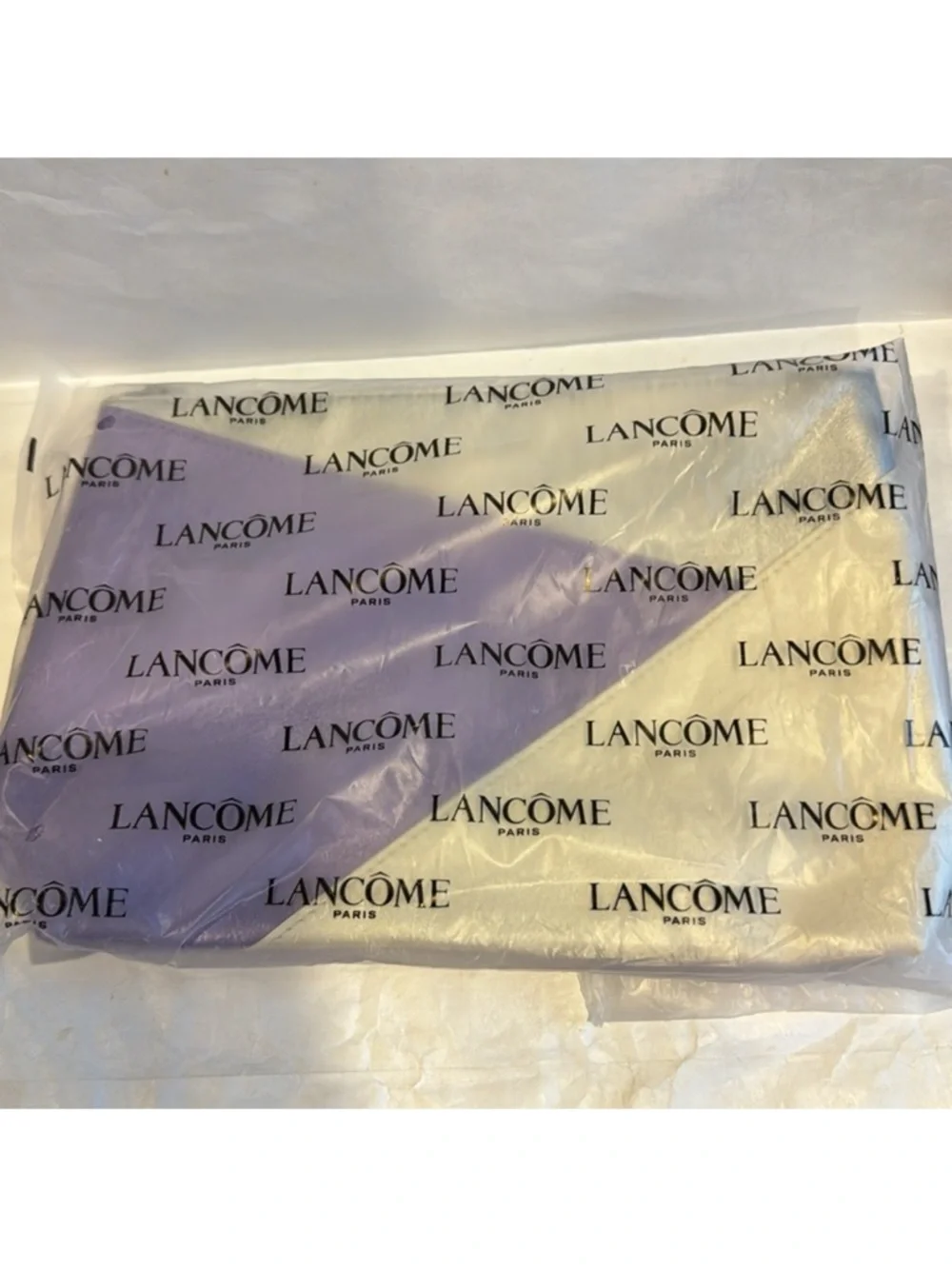 LANCOME Cosmetic Makeup Zip Top Gusseted Bag Purple Silver Ivory Color Block NIB